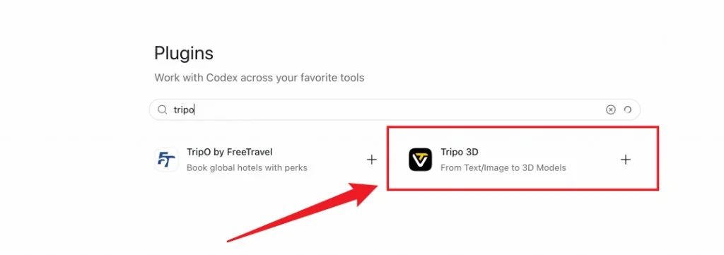 Codex Plugins directory search results for “tripo”, with the Tripo 3D plugin highlighted